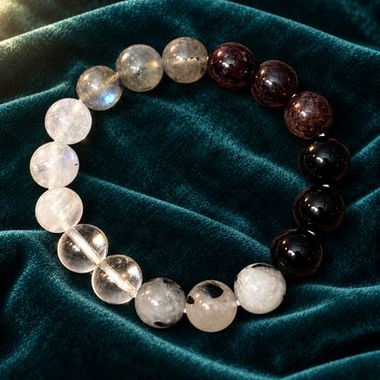 Confidence, Clarity & Balance Bracelet – Garnet, Labradorite, Black Rutilated Quartz, Clear Quartz & Moonstone, 10mm | GemKrishna