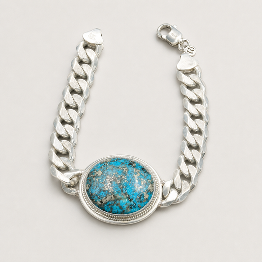 Unisex Turquoise 925 Sterling Silver Cuban Bracelet (Protection & Confidence) (55 Gram)
