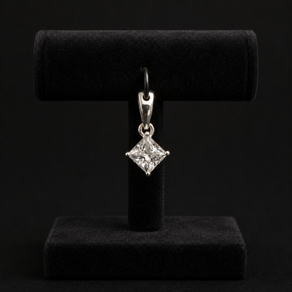 Back view of 925 silver moissanite princess cut solitaire pendant on a black jewelry stand