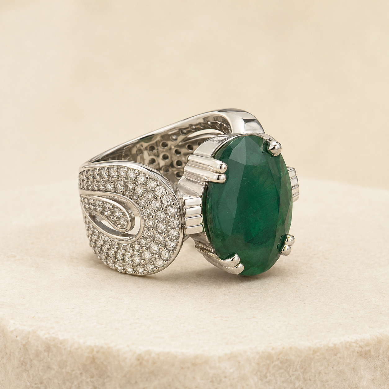 925 Silver Emerald Panna Ring with Oval Gemstone