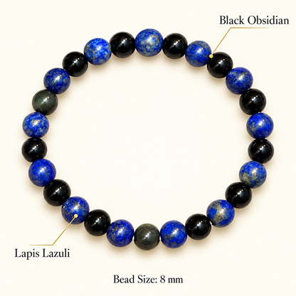 Grounding & Wisdom Bracelet – Black Obsidian and Lapis Lazuli, 8mm with GJSPC Lab Report | GemKrishna