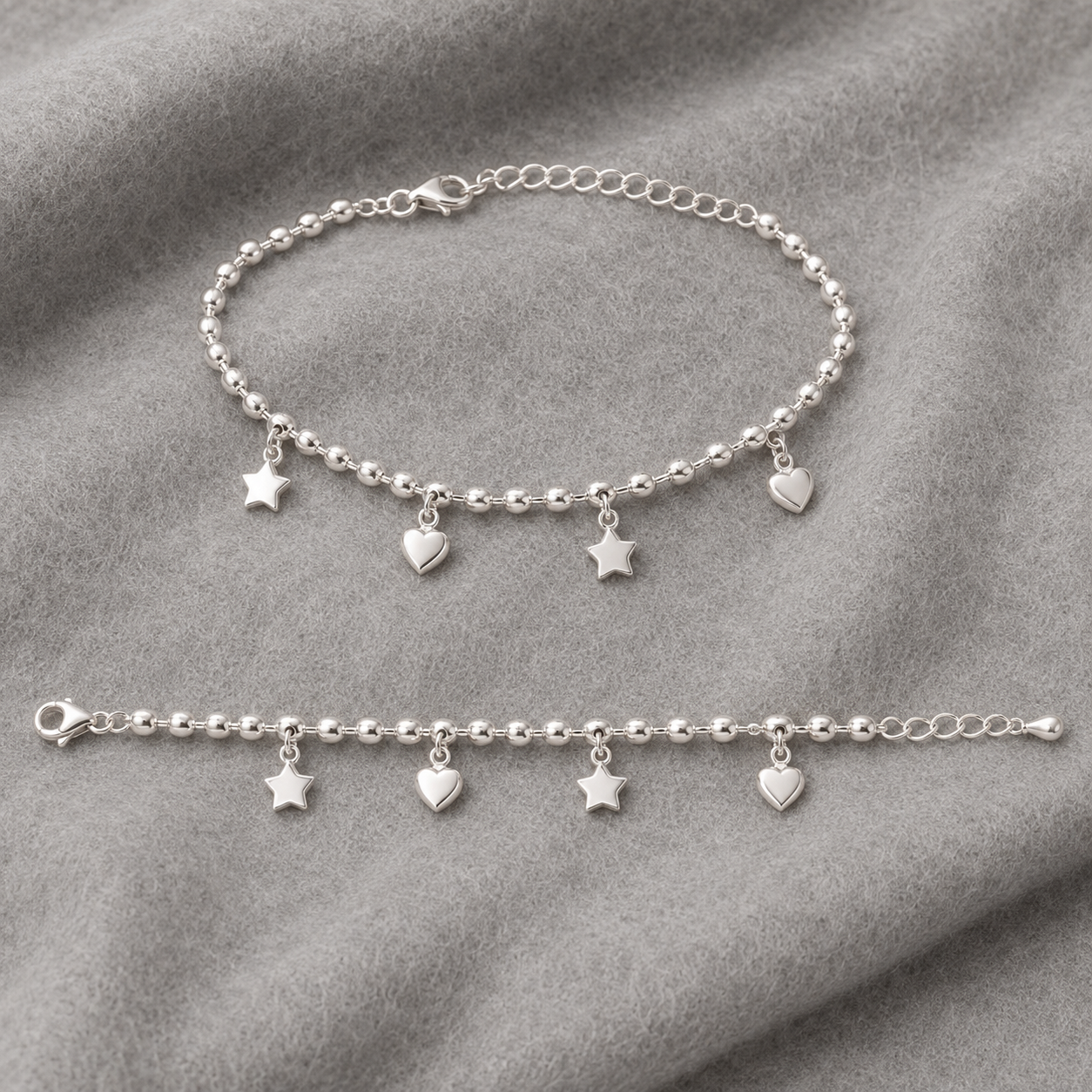 Star & Heart Charm 925 Sterling Silver Beaded Anklet for Women (10 Gram)