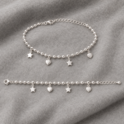 Star & Heart Charm 925 Sterling Silver Beaded Anklet for Women (10 Gram)