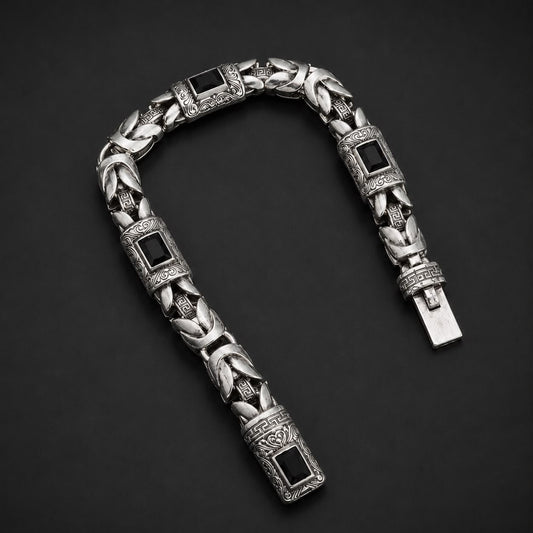 Black Stone Byzantine 925 sterling silver bracelet for men with black square stones links