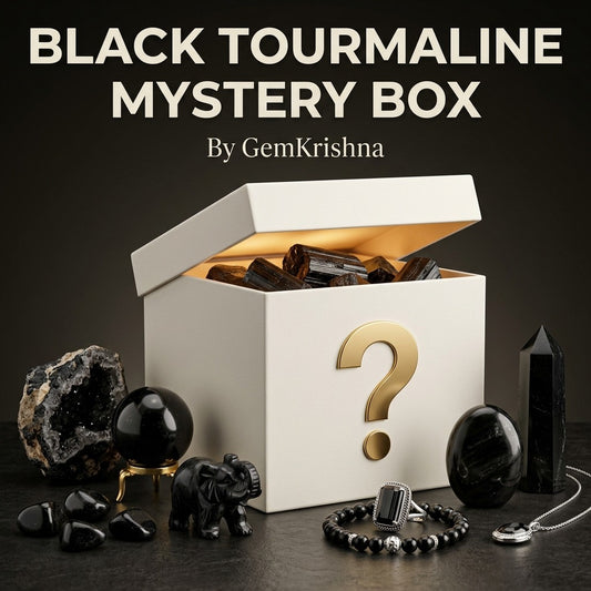 Black tourmaline crystal mystery box with black gemstone tumbled stones and bracelet set