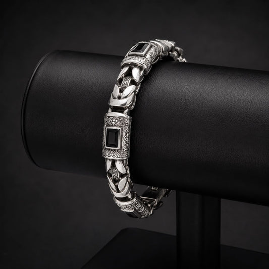 Byzantine 925 sterling silver black stone bracelet shown on black leather display