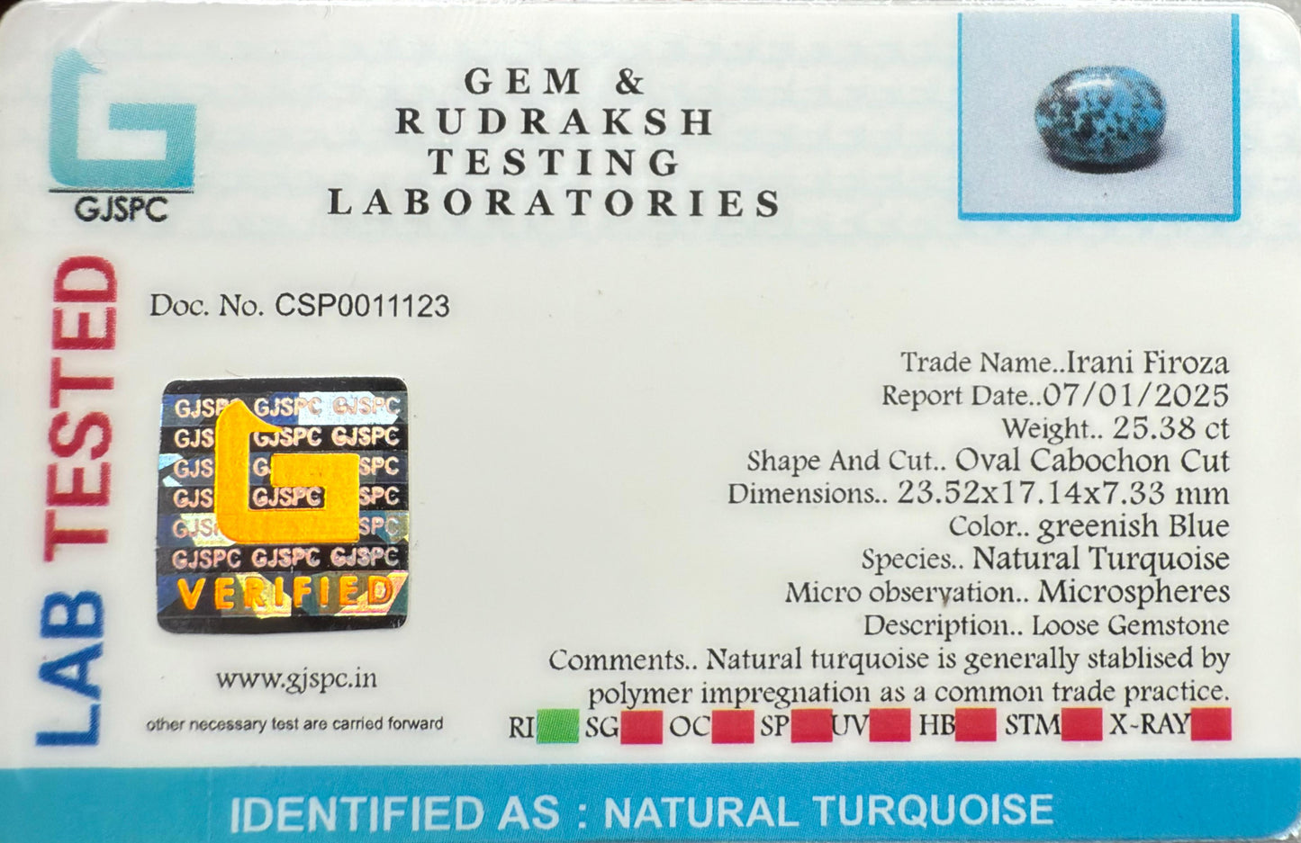 Natural Turquoise 25.38 ct Certificate No. CSP001123