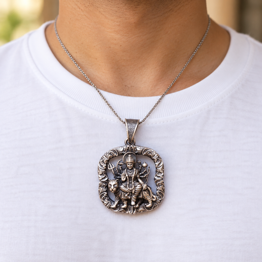 925 Silver Ambe Maa Framed Pendant – 14 g (Protection & Shakti)