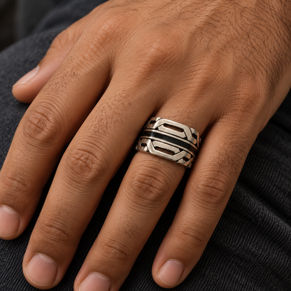 925 Sterling Silver Geometric Black Stripe Ring, Approx. 10.50 g, for Men