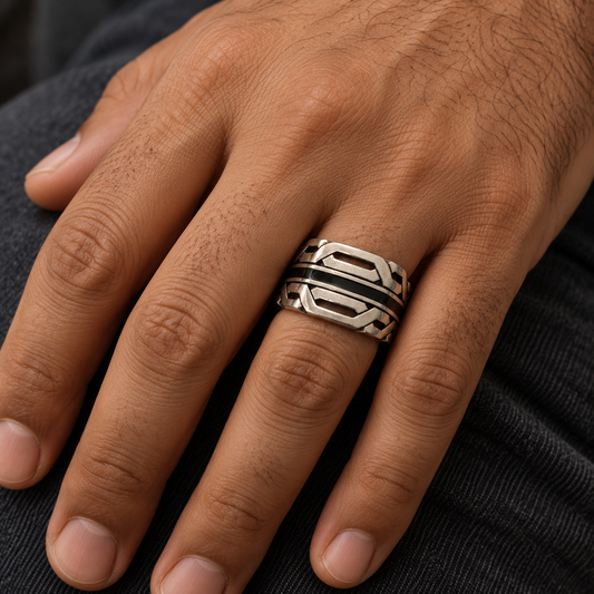 925 Sterling Silver Geometric Black Stripe Ring, Approx. 10.50 g, for Men
