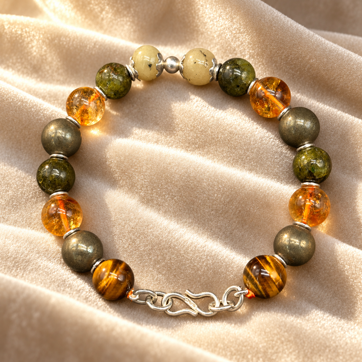 Golden Prosperity Bracelet – Natural Pukhraj, Peridot & Silver