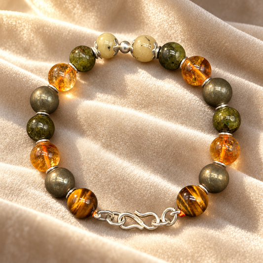 Golden Prosperity Bracelet – Natural Pukhraj, Peridot & Silver
