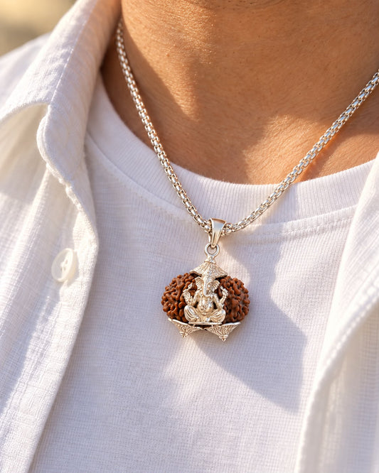 Gauri Shankar Rudraksha Ganesh Ji Pendant with 25 Inch 925 Silver Chain (22.98 Ct, 40 Gram, Lab & X-Ray Certified)