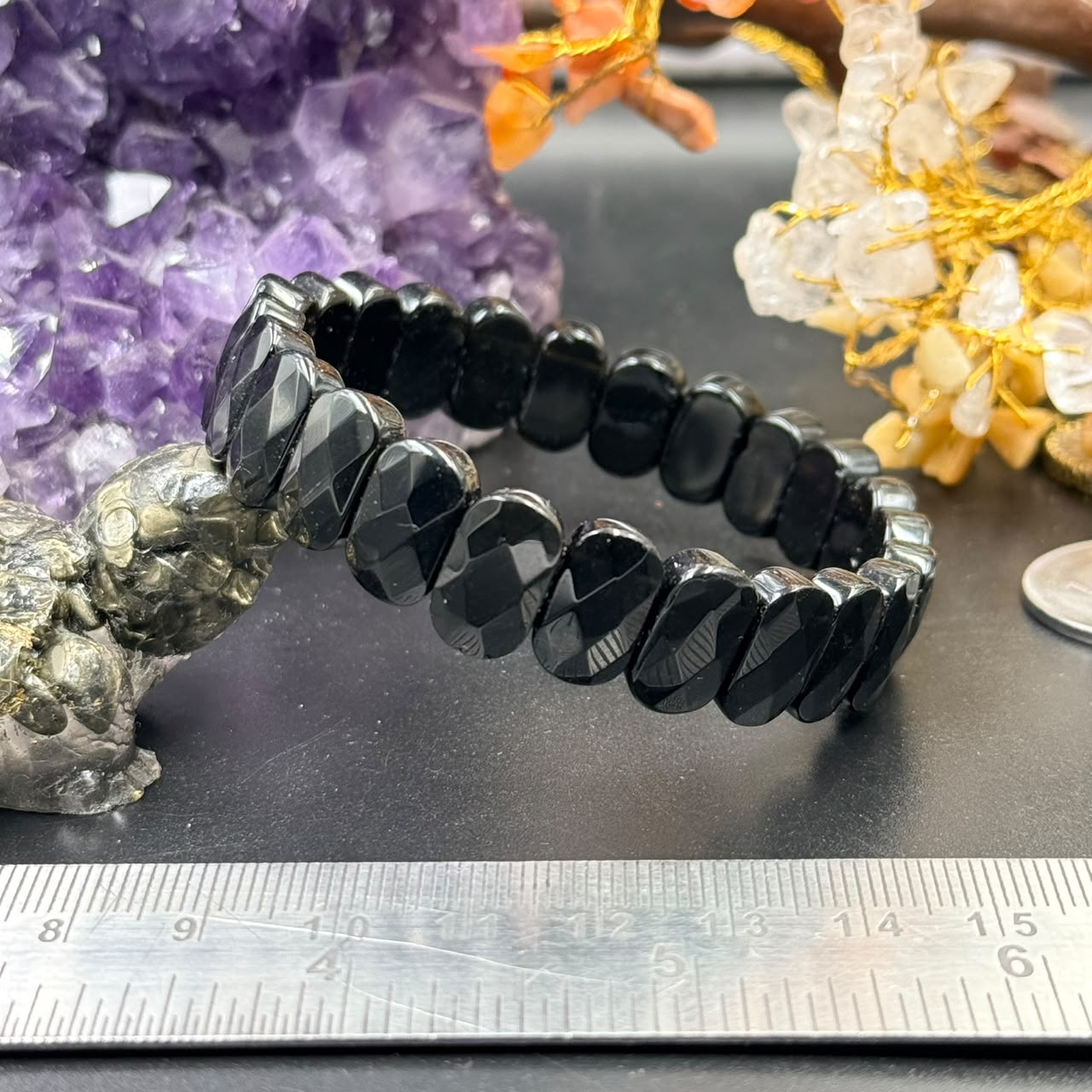 Black Onyx Faceted Flat Oval Bead Bracelet (Protection & Strength)