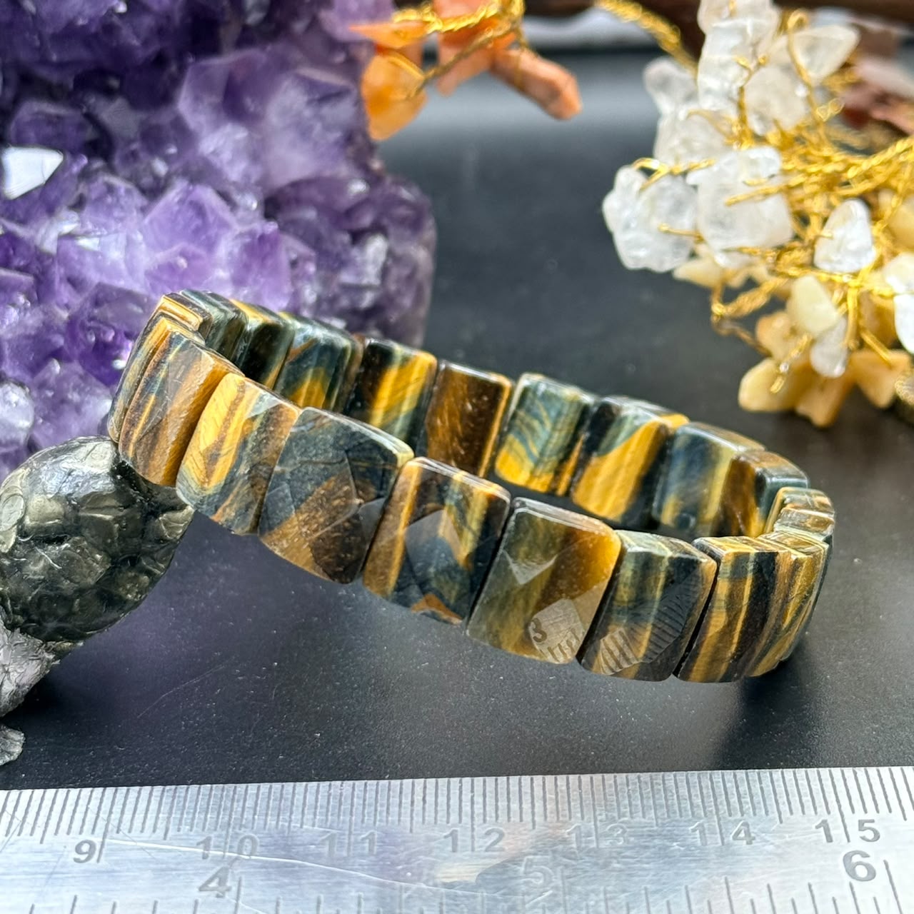 Blue Tiger Eye Square Bead Bracelet (Confidence & Focus)