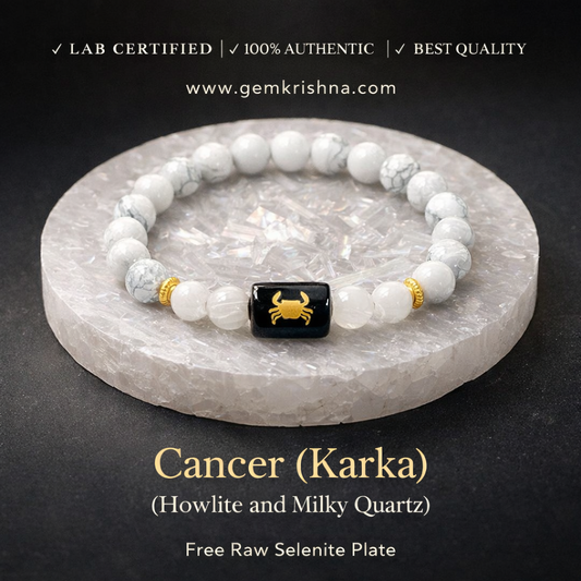 Cancer (Karka) zodiac bracelet with milky quartz and howlite beads on free raw selenite plate