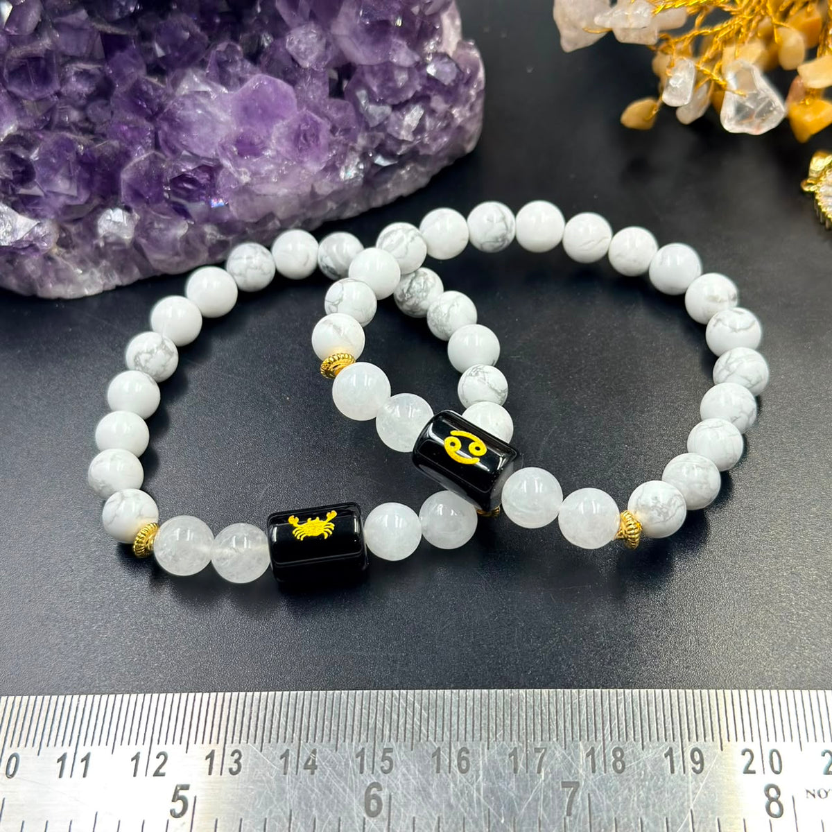 Cancer (Karka) zodiac bracelet view with milky quartz beads and black enamel crab charm