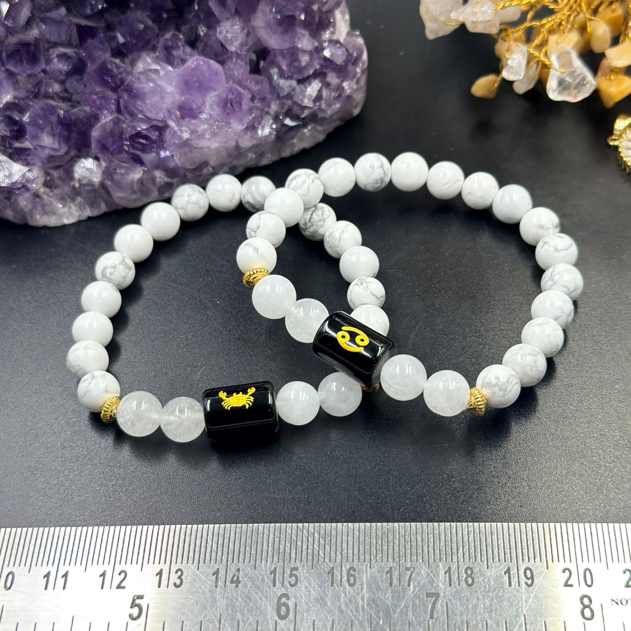 Cancer (Karka) zodiac bracelet view with milky quartz beads and black enamel crab charm