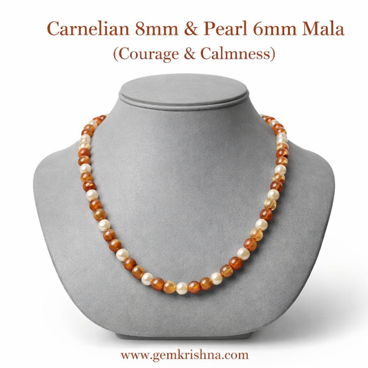 Carnelian 8mm & Pearl 6mm Jaap Mala (Courage & Calmness) premium GemKrishna product cover