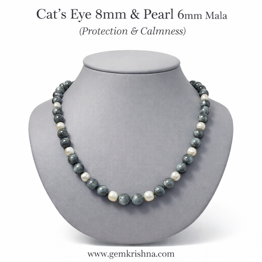 Cat’s Eye 8mm & Pearl 6mm Jaap Mala (Protection & Calmness) premium GemKrishna product cover