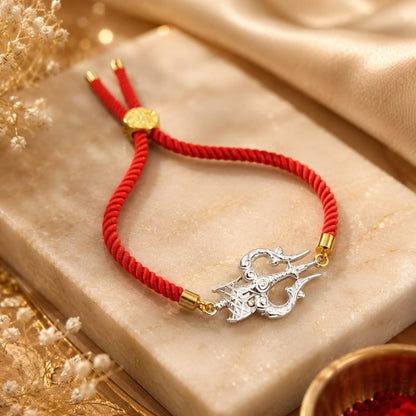 925 Silver Ornate Shiv Trishul Rakhi for Brother with Adjustable Red Thread