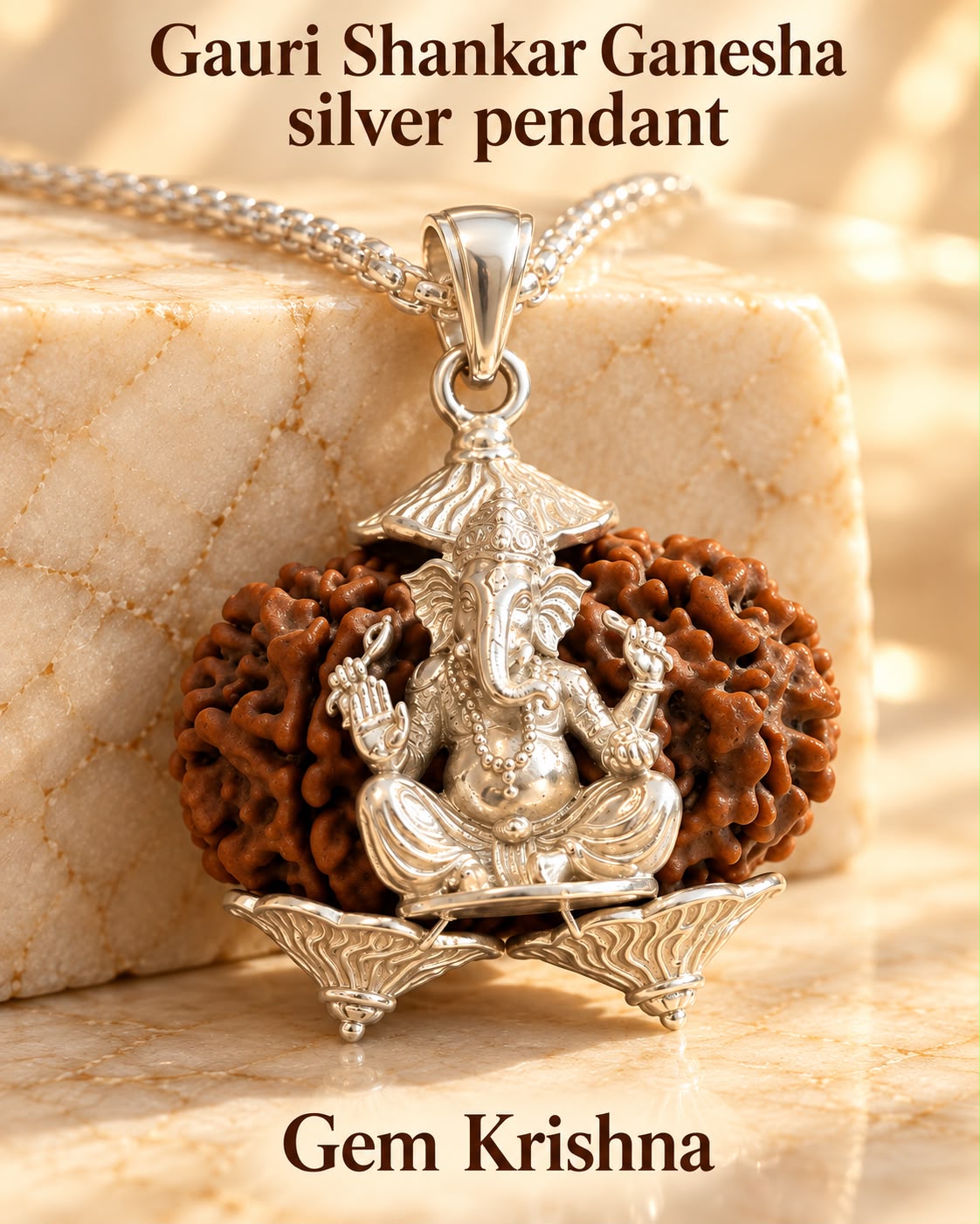 Gauri Shankar Rudraksha Pendant with Silver Ganesh Ji – 925 Silver Locket Only (22.98 Ct, 18 Gram, Lab & X-Ray Certified)