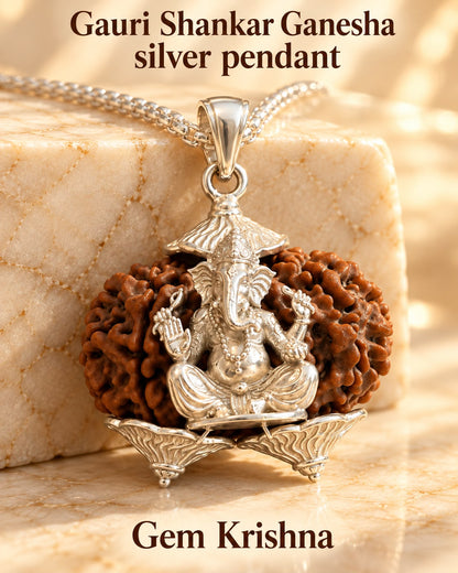 Gauri Shankar Rudraksha Pendant with Silver Ganesh Ji – 925 Silver Locket Only (22.98 Ct, 18 Gram, Lab & X-Ray Certified)