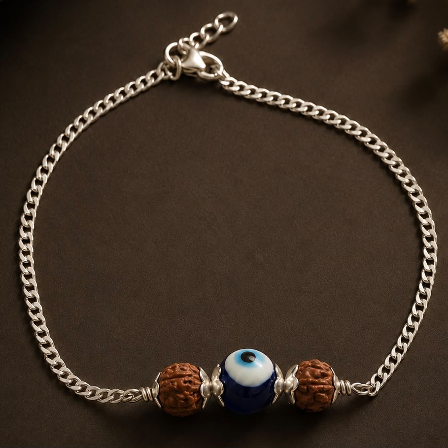 925 Silver Evil Eye & Rudraksha Chain Bracelet (Protection, Courage & Spiritual Balance)