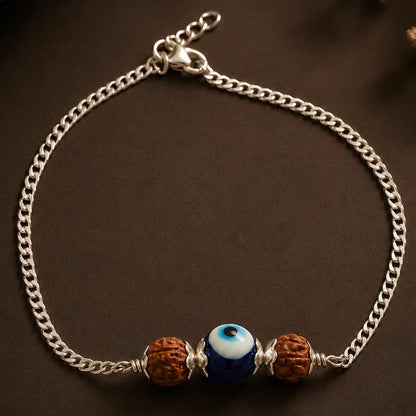 925 Silver Evil Eye & Rudraksha Chain Bracelet (Protection, Courage & Spiritual Balance)