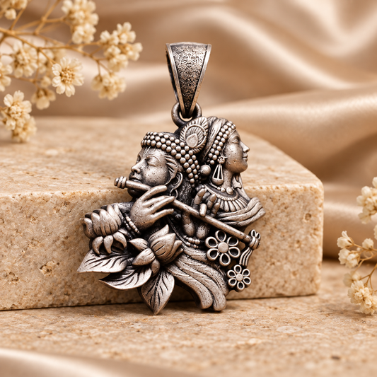 925 Silver Radha Krishna Face Pendant – 11 g (Divine Love & Devotion)