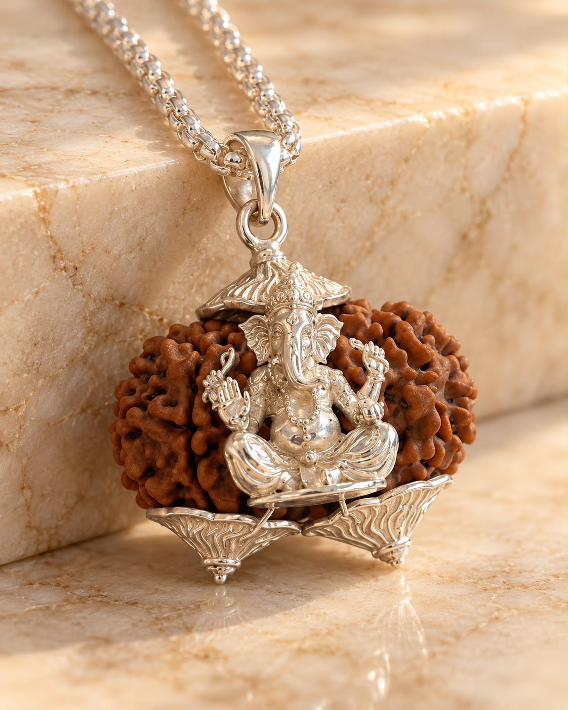 Gauri Shankar Rudraksha Ganesh Ji Pendant with 25 Inch 925 Silver Chain (22.98 Ct, 40 Gram, Lab & X-Ray Certified)