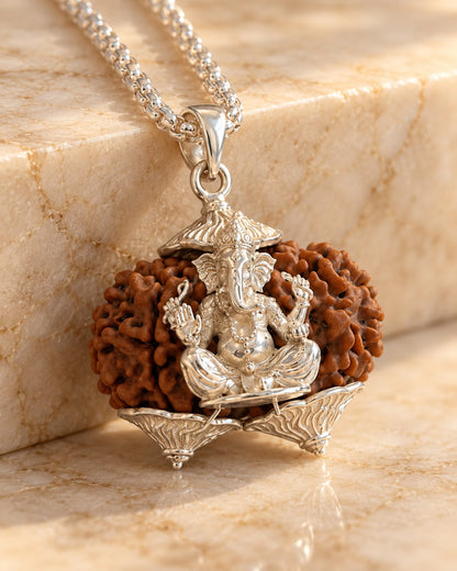 Gauri Shankar Rudraksha Ganesh Ji Pendant with 25 Inch 925 Silver Chain (22.98 Ct, 40 Gram, Lab & X-Ray Certified)