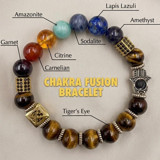 Chakra Fusion bracelet with seven gemstone beads and gold-tone charm on beige background