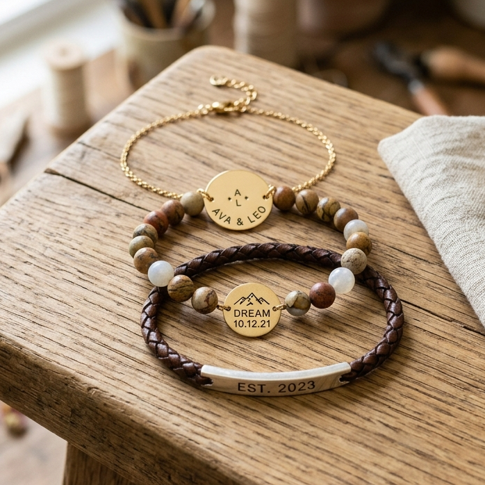Charms bracelet set with beaded bands and gold nameplate charms on wooden display