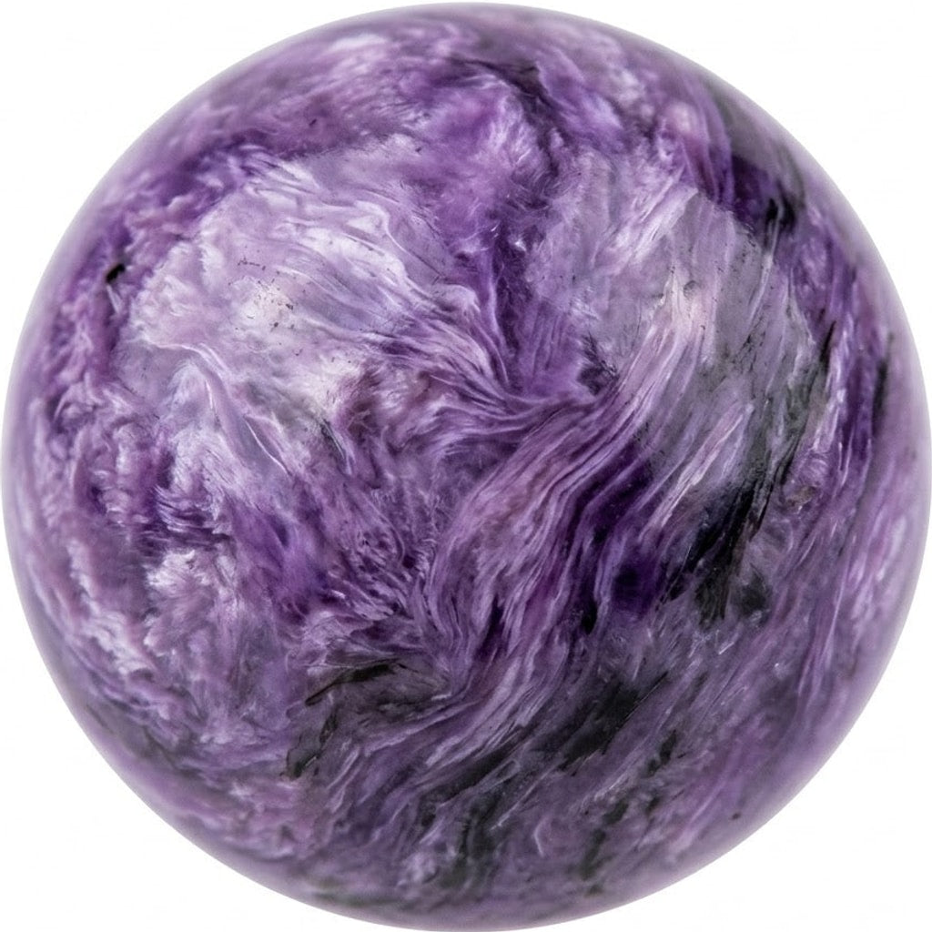 Illustration of a polished charoite bead; natural colour and pattern vary