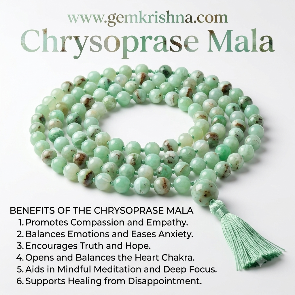 Chrysoprase mala necklace with green round beads and tassel, laid out flat