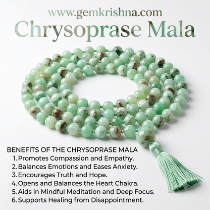 Chrysoprase mala necklace with green round beads and tassel, laid out flat