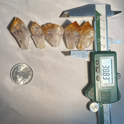 Five Citrine Rough Pointers arranged on white cloth with digital caliper and a coin nearby