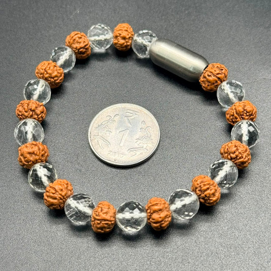 Clear quartz and 5 Mukhi Rudraksha magnetic bracelet flat view with stainless magnetic clasp and beads