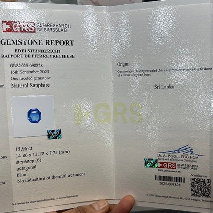 Close-up of GRS gemstone report page for natural blue sapphire