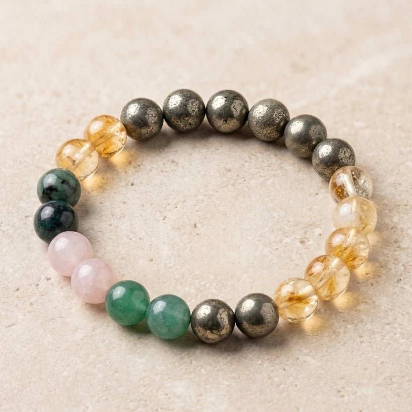 Confidence and Abundance combination bracelet with green, gray, citrine yellow, and rose quartz beads
