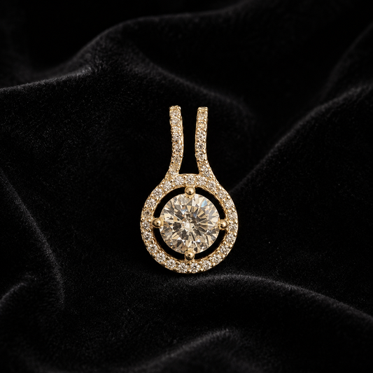 925 sterling silver CZ solitaire halo pendant detail on black velvet with round center stone