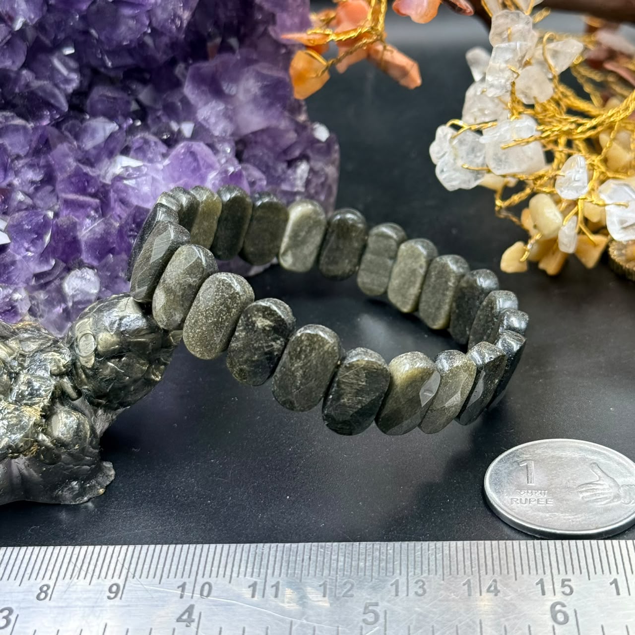 Faceted Golden Sheen Obsidian Flat Oval Bracelet (Protection & Confidence)
