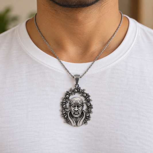925 Silver Sai Baba with Rose Frame Pendant – 17 g (Faith & Patience)