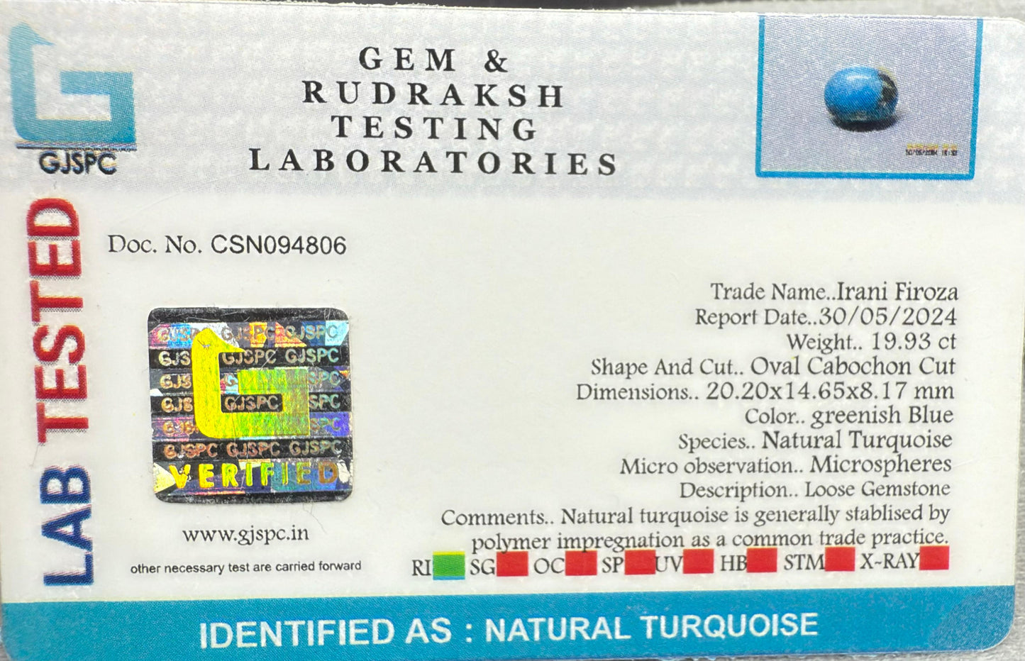 Natural Turquoise 19.93 ct Certificate No. CSN094806