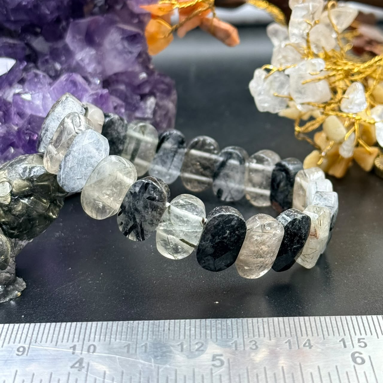 Black Rutilated Quartz Flat Oval Bead Bracelet (Protection & Grounding)