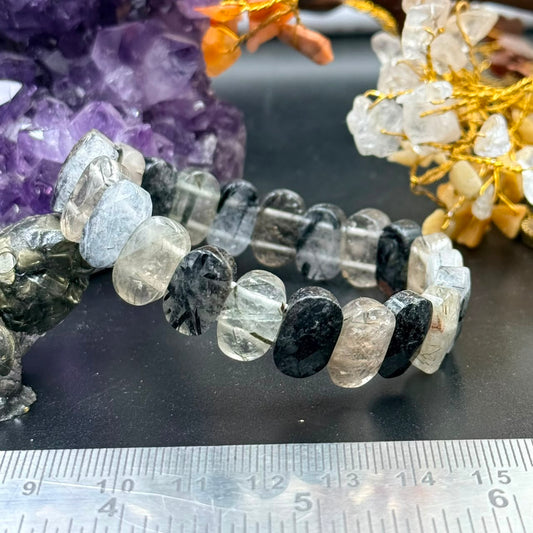 Black Rutilated Quartz Flat Oval Bead Bracelet (Protection & Grounding)