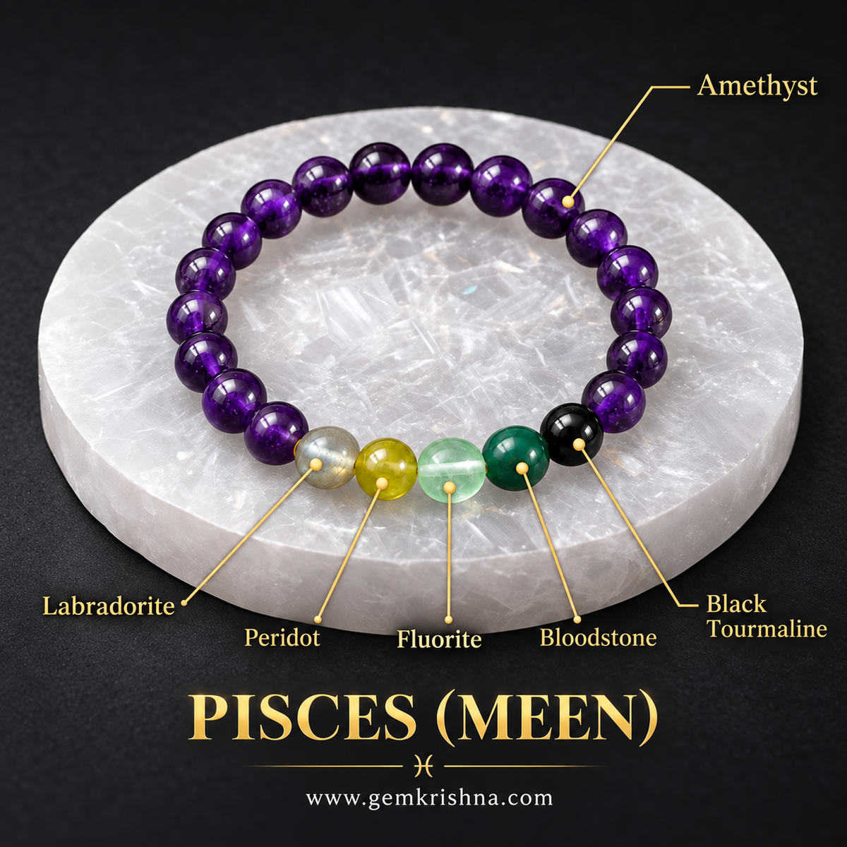 Pisces (Meen) Zodiac Bracelet – 6 Natural Stones: Amethyst, Peridot, Labradorite, Fluorite, Bloodstone & Black Tourmaline