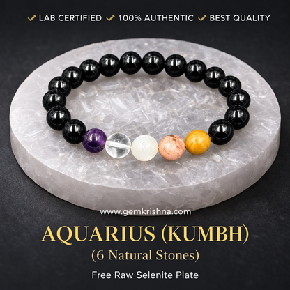 Aquarius (Kumbh) Zodiac Bracelet – 6 Natural Stones: Black Onyx, Amethyst, Crystal Quartz, Moonstone, Rhodonite & Yellow Jasper