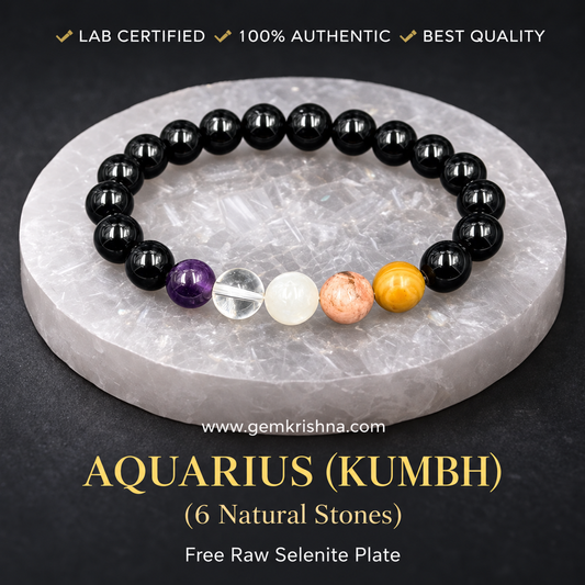 Aquarius (Kumbh) Zodiac Bracelet – 6 Natural Stones: Black Onyx, Amethyst, Crystal Quartz, Moonstone, Rhodonite & Yellow Jasper